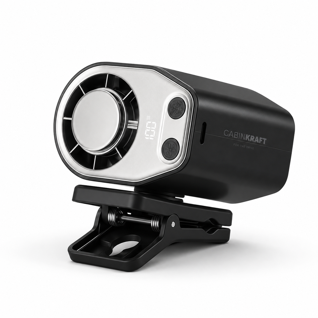 CabinKraft rechargeable car clip-on fan with LED display and 360-degree rotation